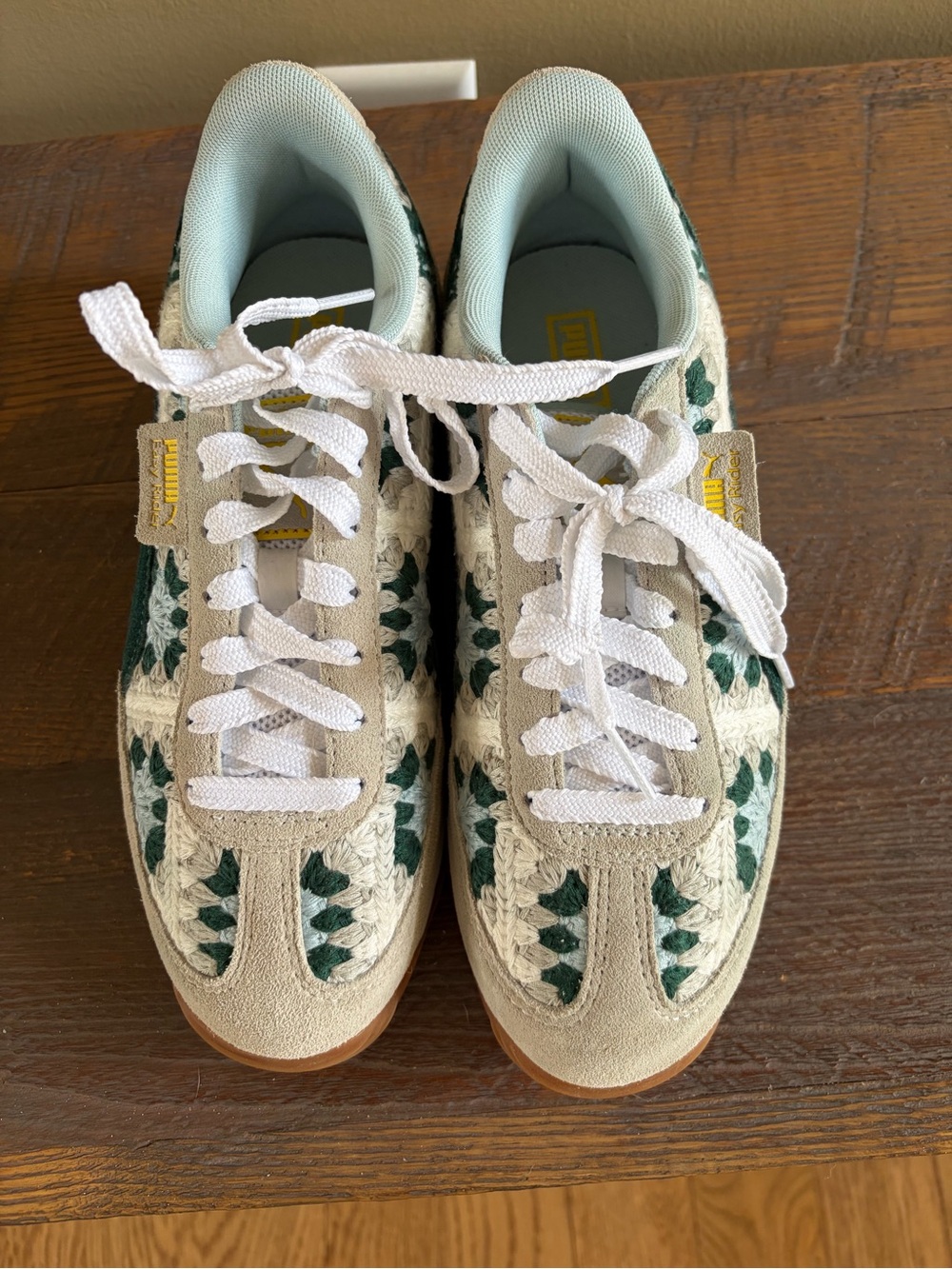Puma Crochet-Panel Suede Sneakers in Cream & Green